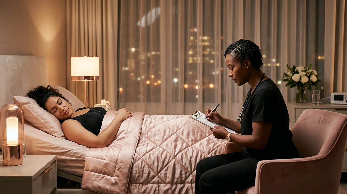 Nurse keeping overnight watch beside a resting client
