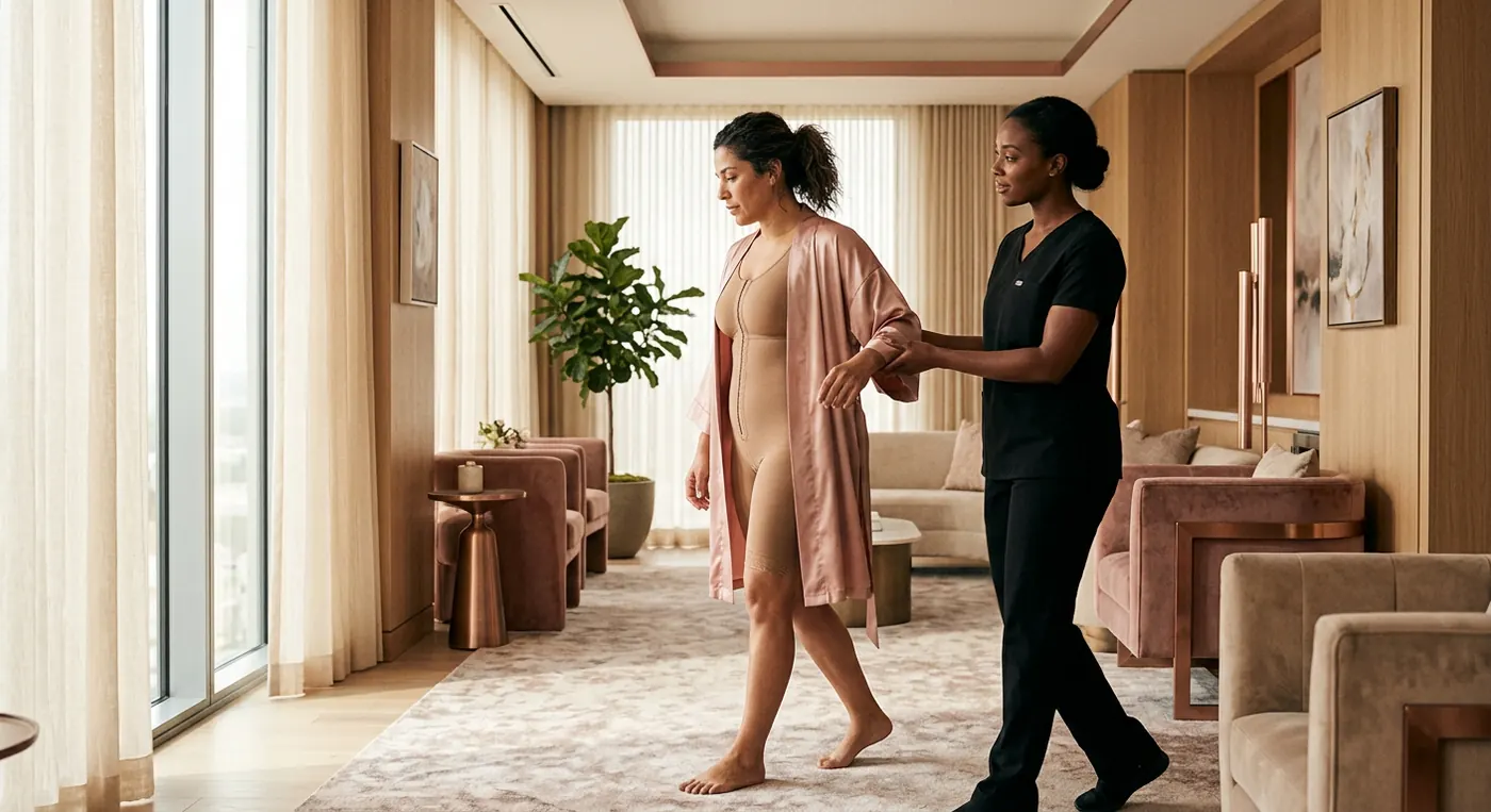 Nurse helping a client in a faja take her first steps